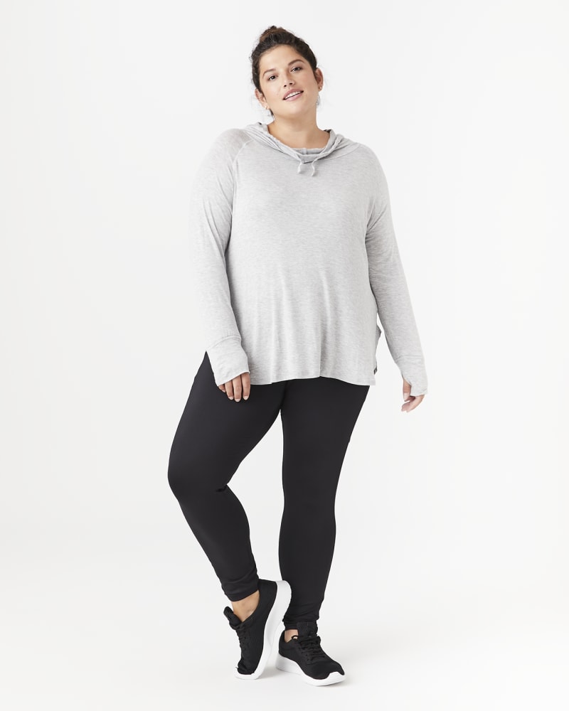 Plus size model with hourglass body shape wearing Garden Long-Sleeve Hooded Tee by Marc NY | Dia&Co | dia_product_style_image_id:143437